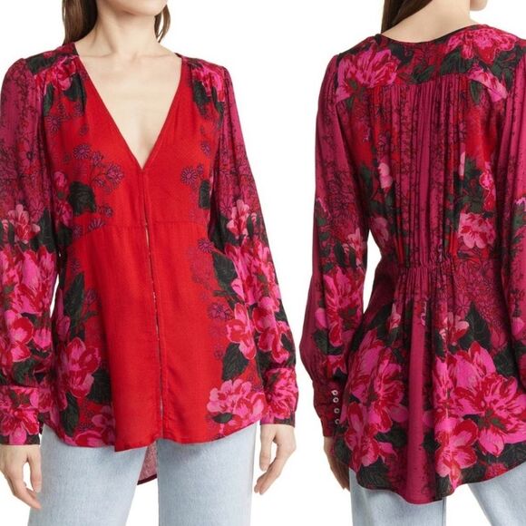Free People Mikayla Red Pink Floral Hook Closure Blouse  in Scarlett Combo - Picture 4 of 16